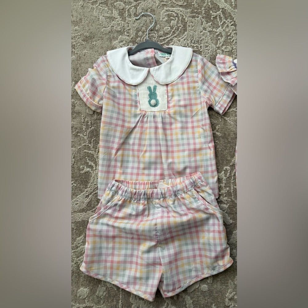 Pastel Plaid Baby Set with Bunny Embroidery